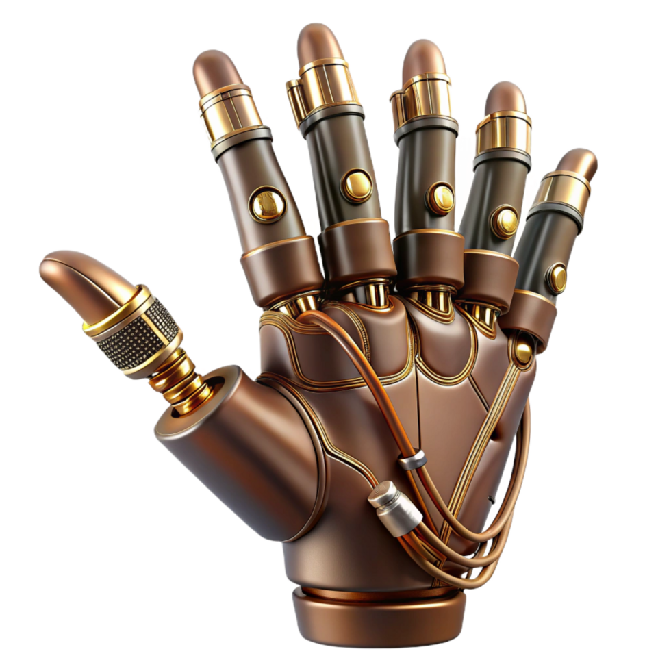vibrant traditional Steampunk robotic hand with articulated fingers and exposed wires high quality png