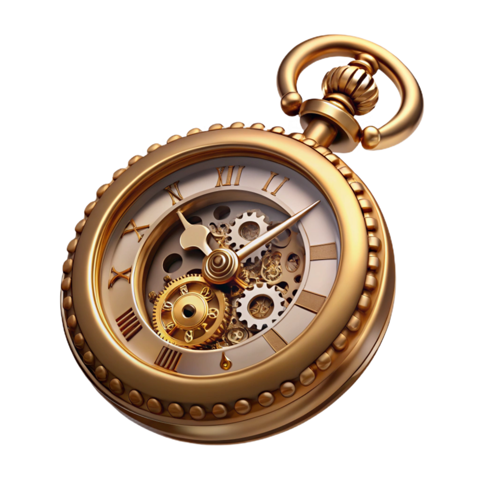 beautiful minimalist Steampunk pocket watch with ornate Roman numerals and a visible escapement mechanism professional png