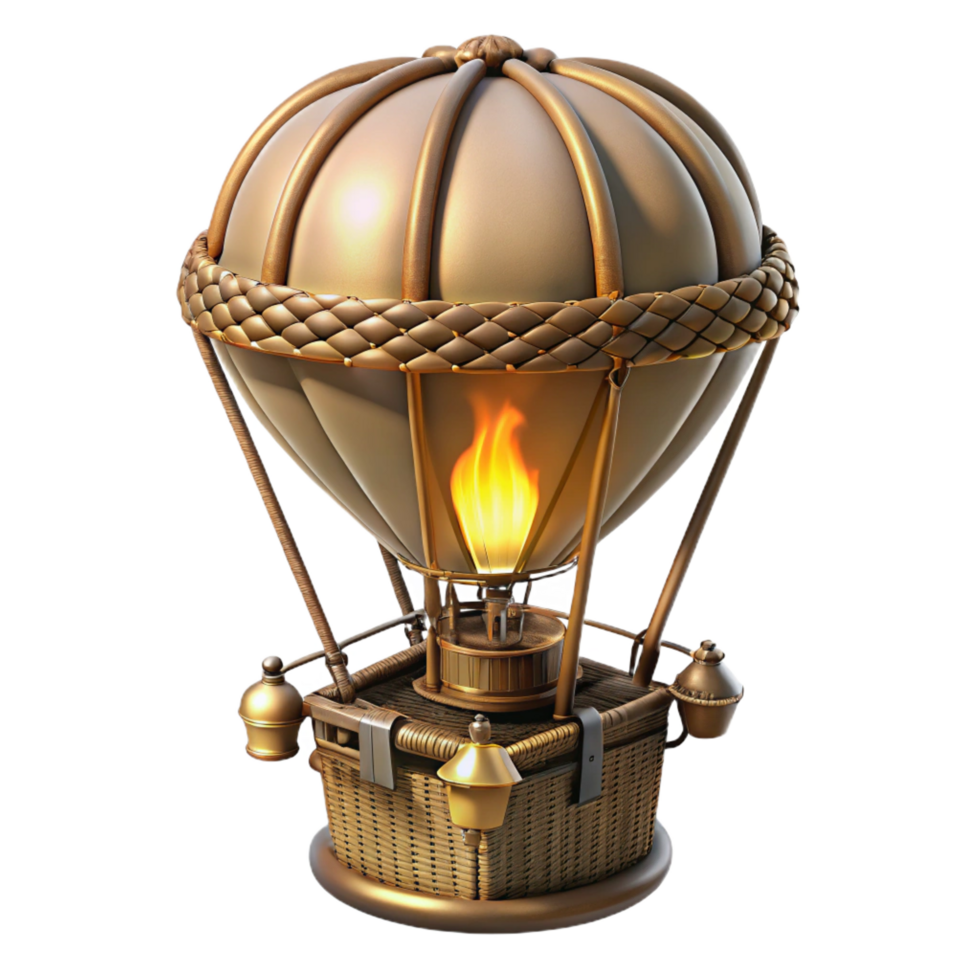 extraordinary modern Steampunk hot air balloon miniature with a wicker basket and brass burners high quality png