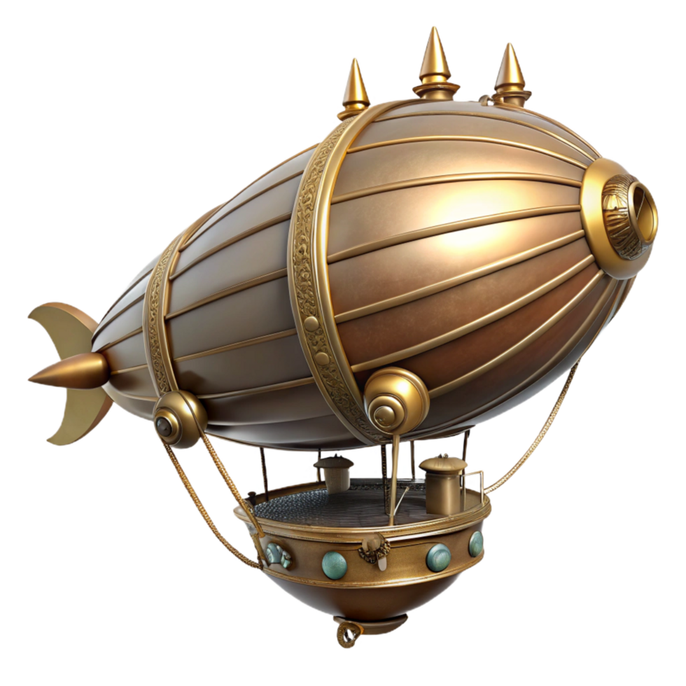 serene artistic Steampunk zeppelin miniature with intricate details and a brass gondola high quality png