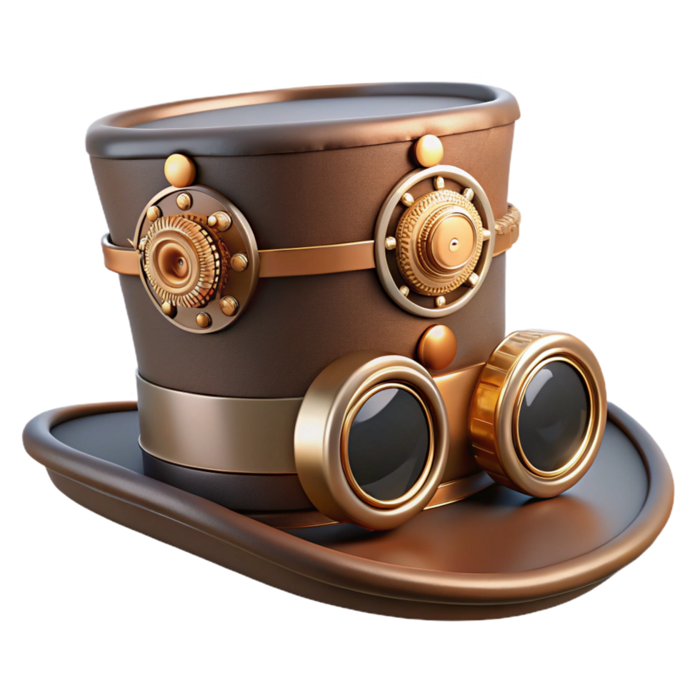 wonderful creative Steampunk top hat with copper gears, goggles, and leather accents high quality png