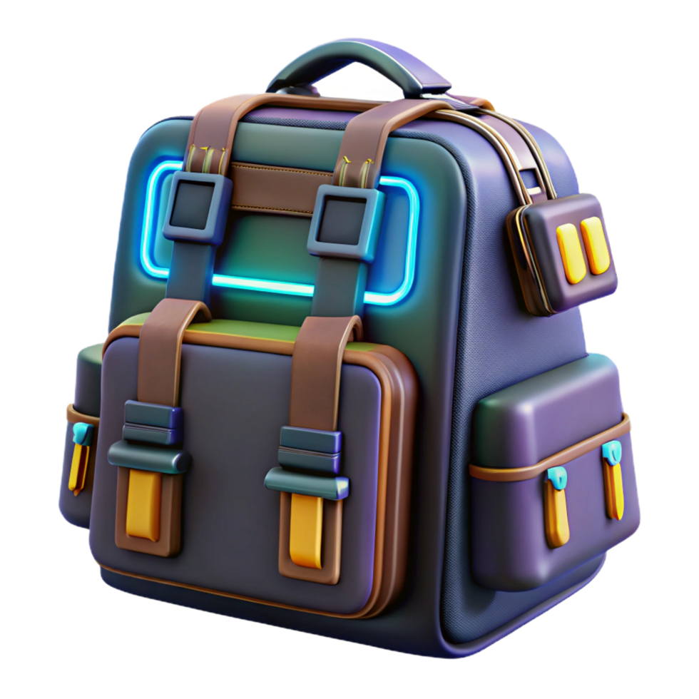 beautiful minimalist Cyberpunk backpack with glowing neon accents and multiple compartments premium png