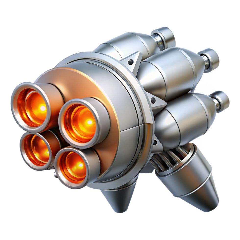 extraordinary minimalist Sleek silver spaceship engine with multiple exhaust ports and glowing orange turbines high quality png