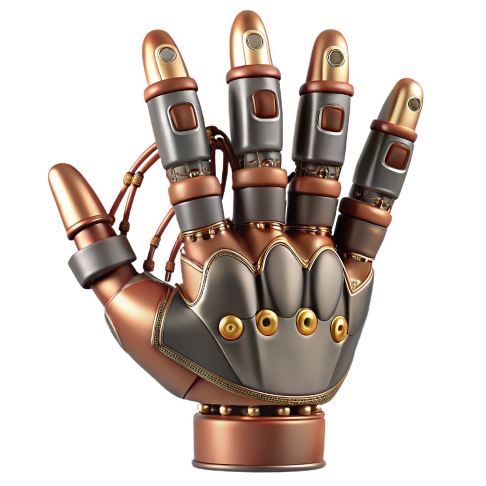 elegant creative Steampunk robotic hand with articulated fingers and exposed wires original png