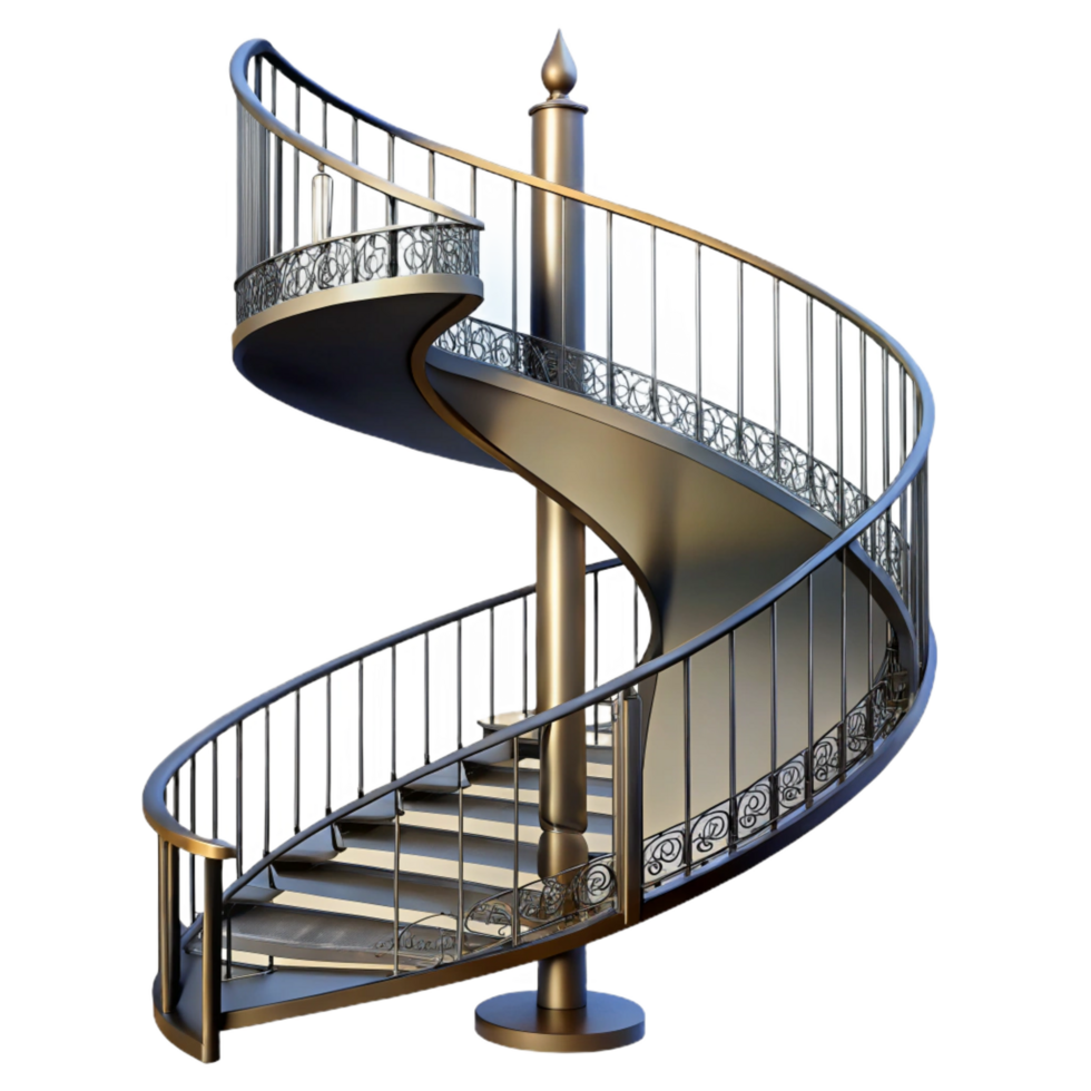 magnificent rustic Spiral staircase, wrought iron, elegant curves, professional png