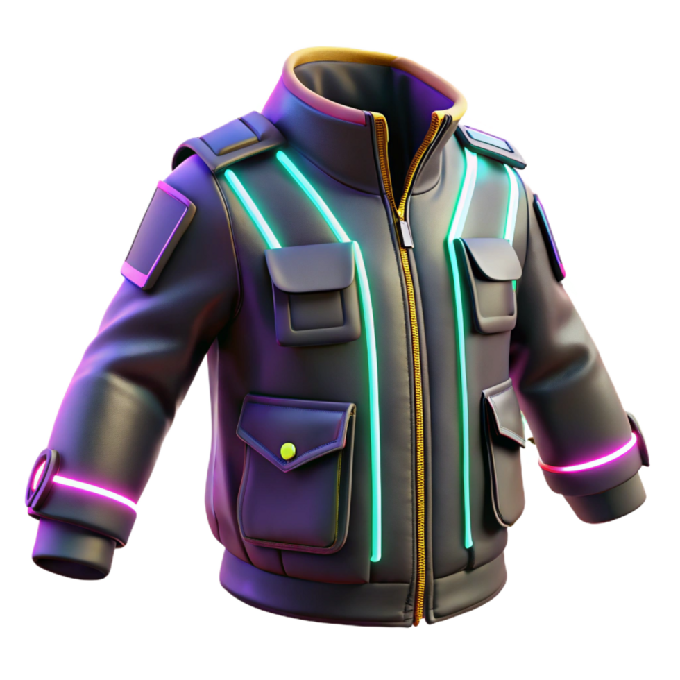 beautiful vintage Cyberpunk jacket with glowing neon accents and multiple pockets professional png