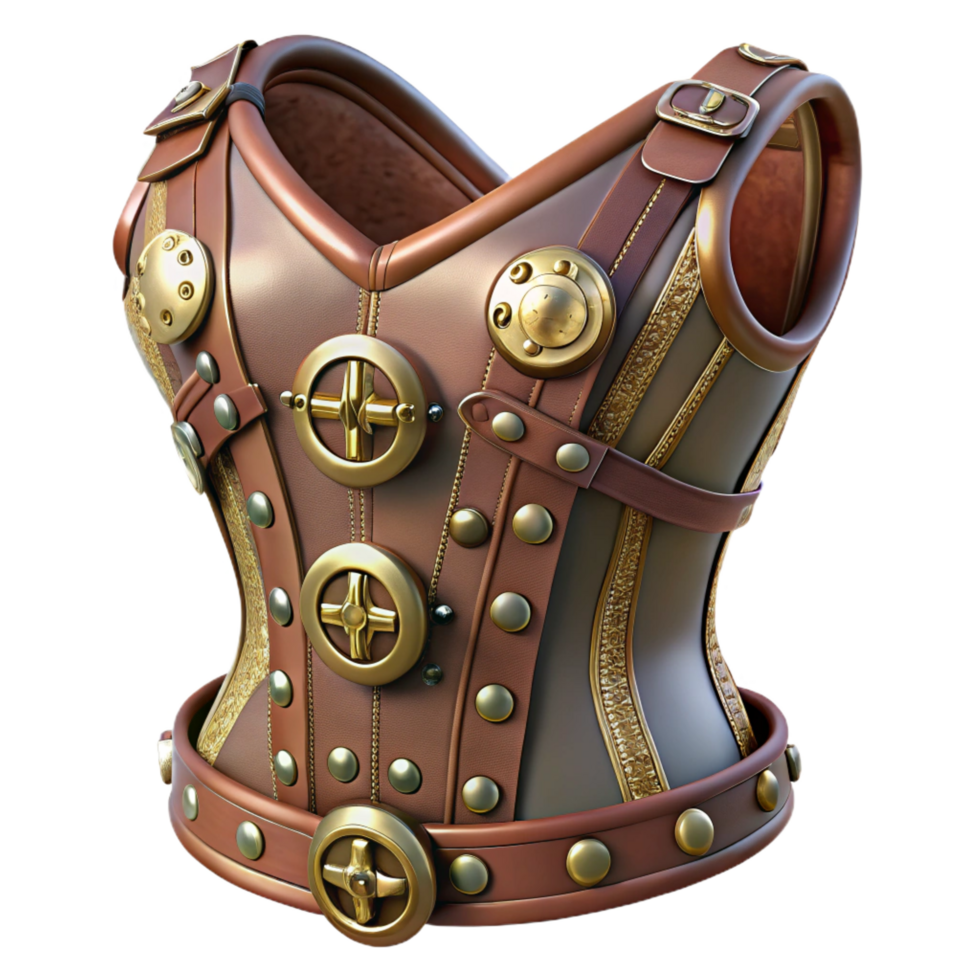beautiful rustic Steampunk corset made of leather and metal with intricate buckles and rivets 4K png