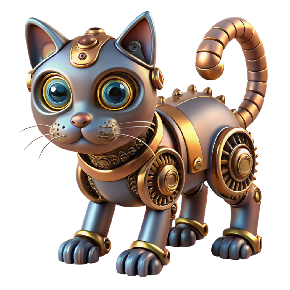 vibrant artistic Steampunk robotic cat with intricate gears and glowing eyes exclusive png