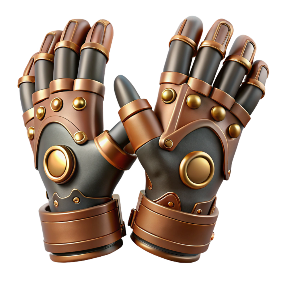 magnificent artistic Steampunk gloves with articulated finger joints and copper plating detailed png