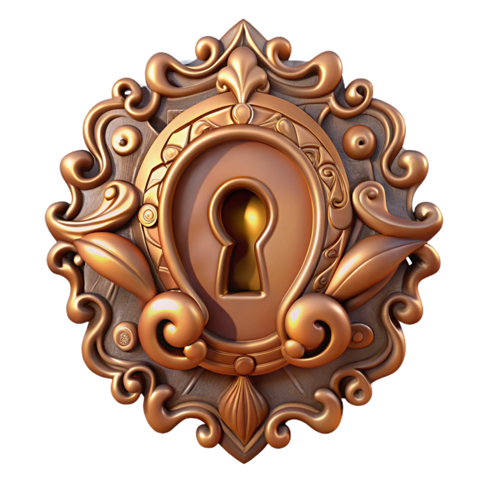 beautiful traditional Steampunk keyhole with ornate filigree and a brass escutcheon professional png