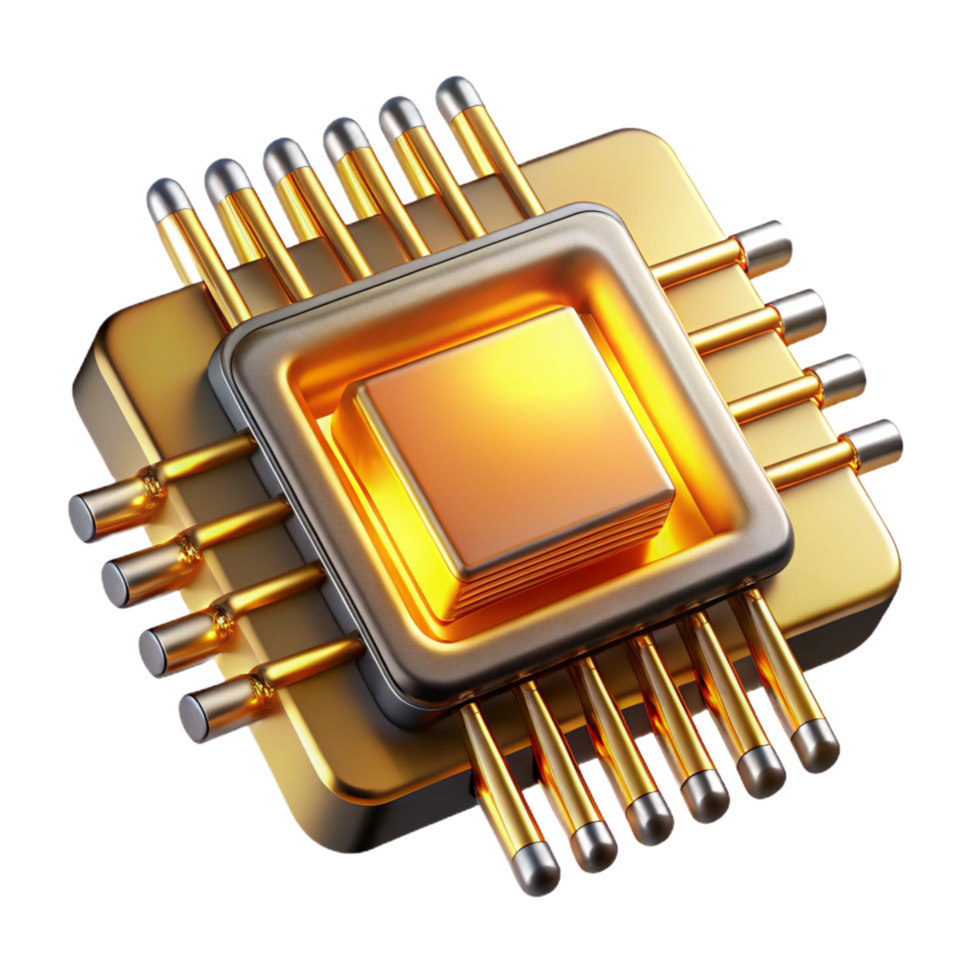 beautiful classic Quantum computer chip, glowing gold, complex circuitry premium png