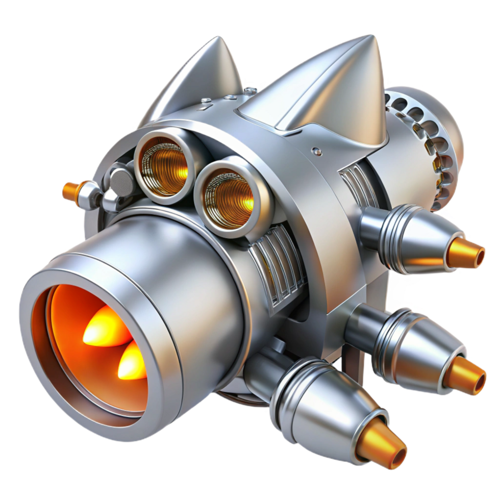 magnificent vintage Sleek silver spaceship engine with multiple exhaust ports and glowing orange turbines detailed png