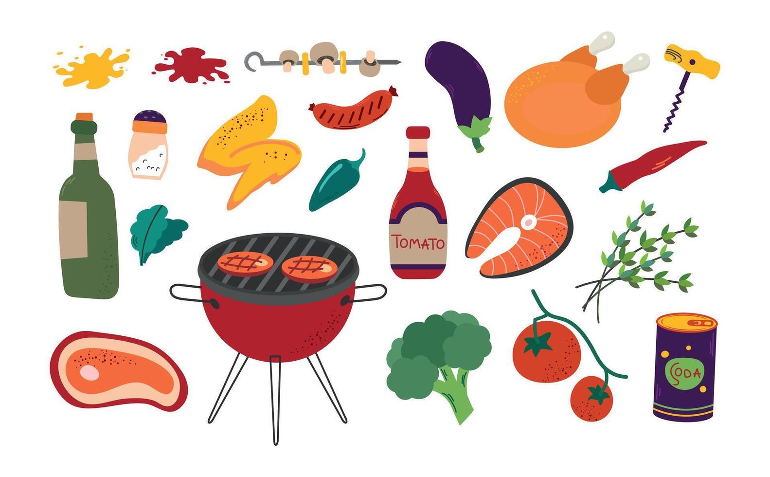 Set collection of barbecue and grill icons cliparts. Chicken, wine, vegetables meat and fish steak isolated illustration vector