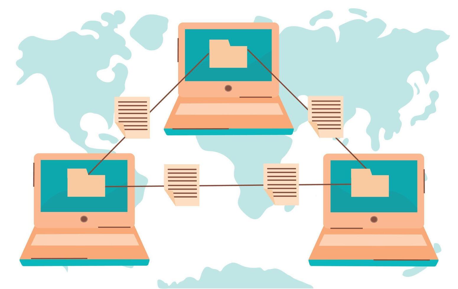 File documents transfer concept illustration with three laptops on map background vector