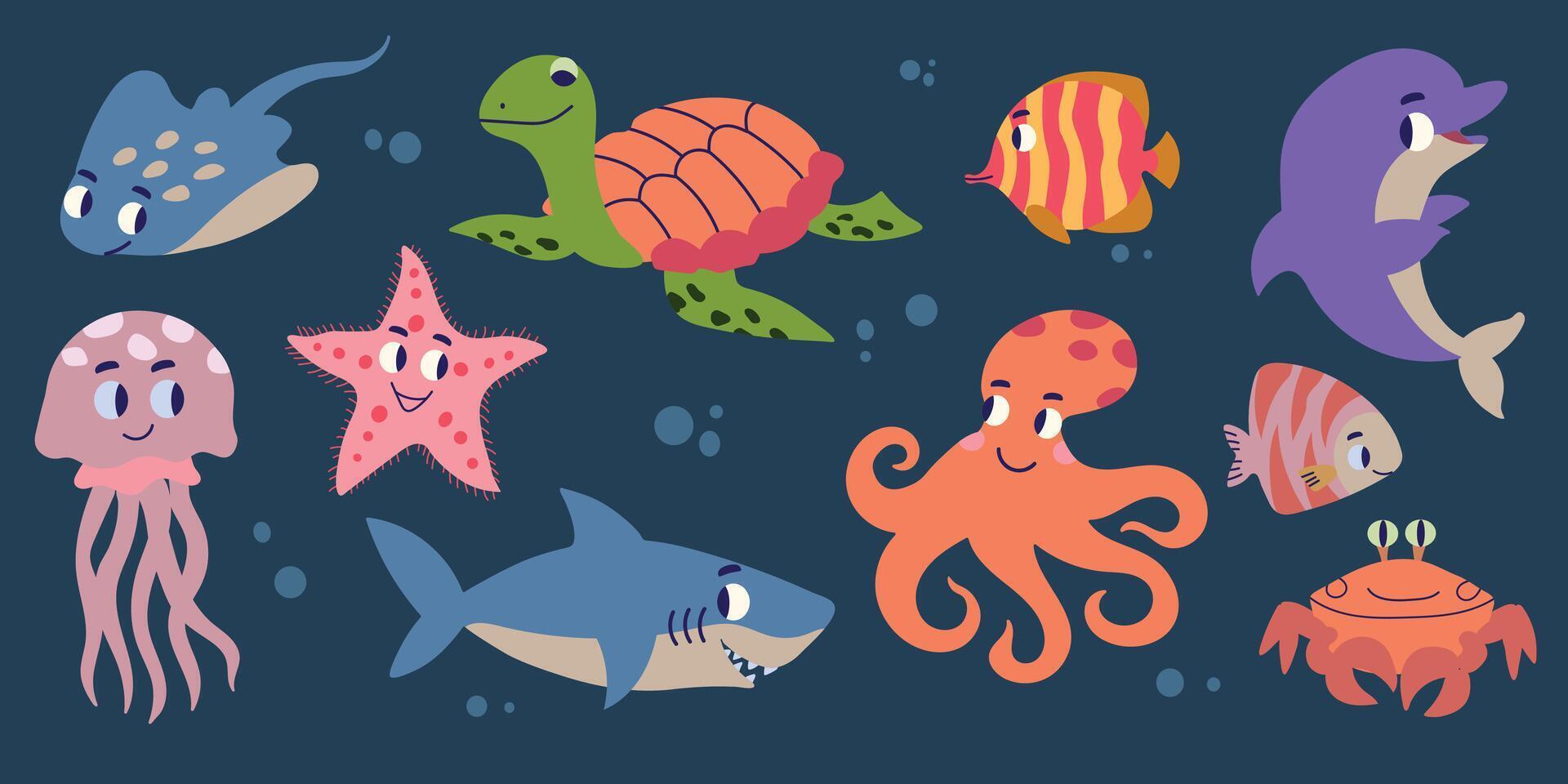 Set collection of cute funny sea ocean underwater animals on dark blue background vector