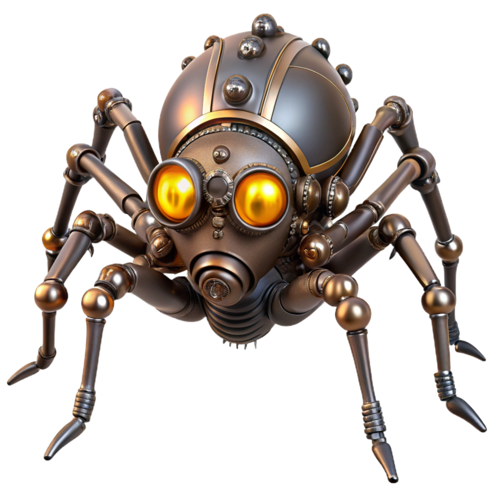 stunning traditional Steampunk clockwork spider with intricate legs and glowing eyes authentic png