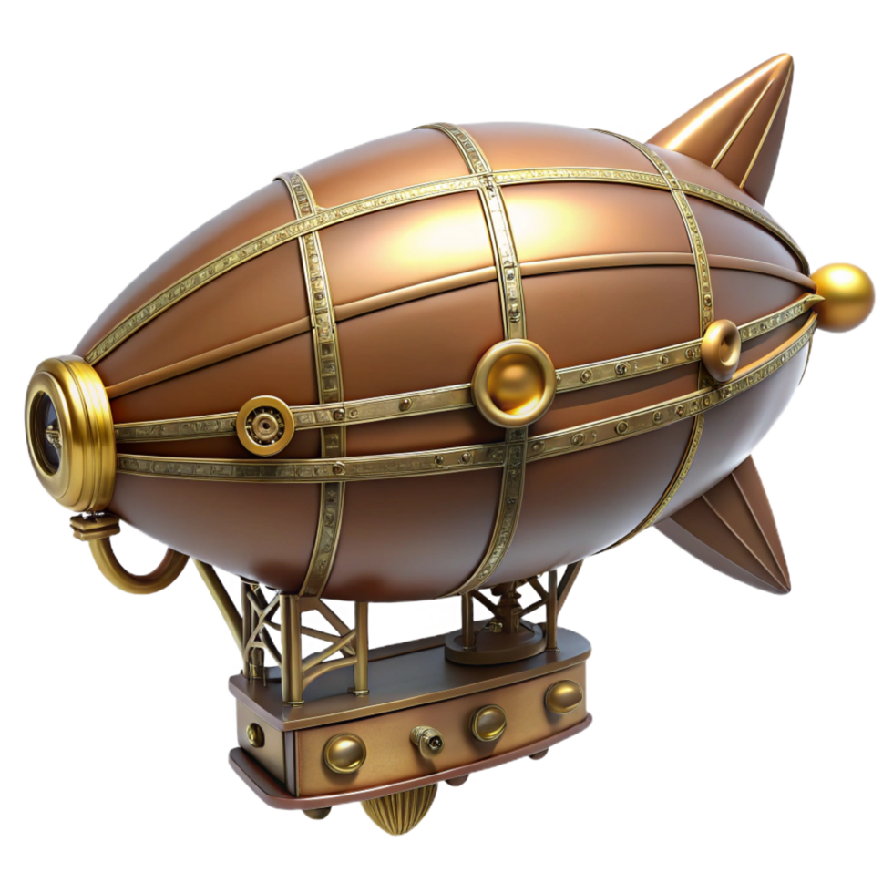 wonderful modern Steampunk zeppelin miniature with intricate details and a brass gondola high resolution png