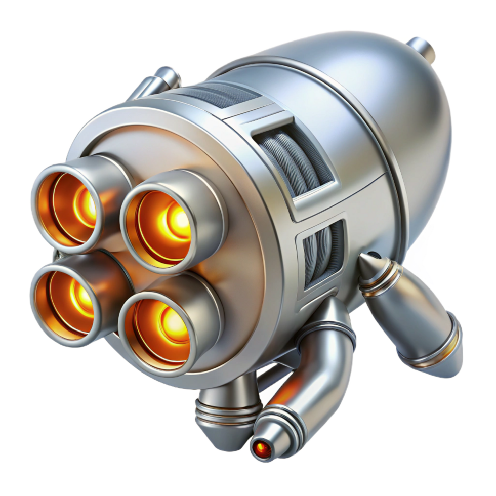 serene traditional Sleek silver spaceship engine with multiple exhaust ports and glowing orange turbines original png