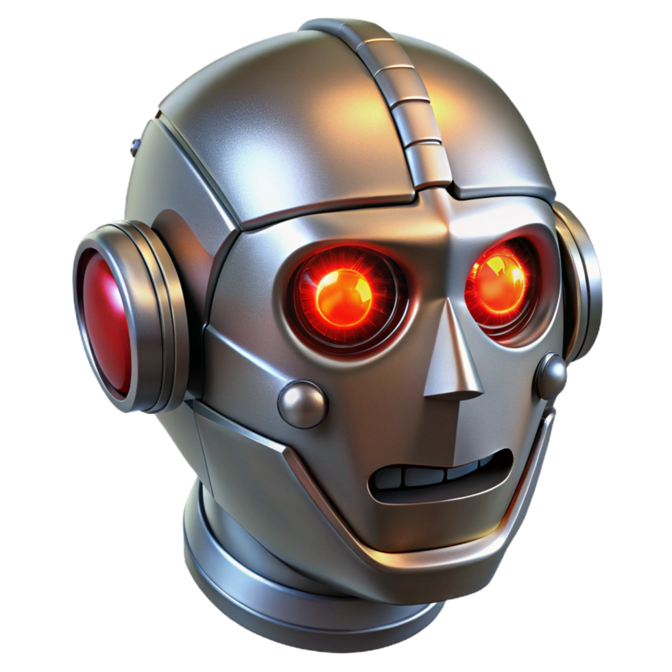 serene creative Metallic robot head with glowing red eyes and exposed circuitry authentic png