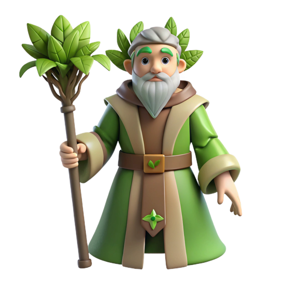 extraordinary modern A wise druid, holding a staff adorned with leaves, high quality png