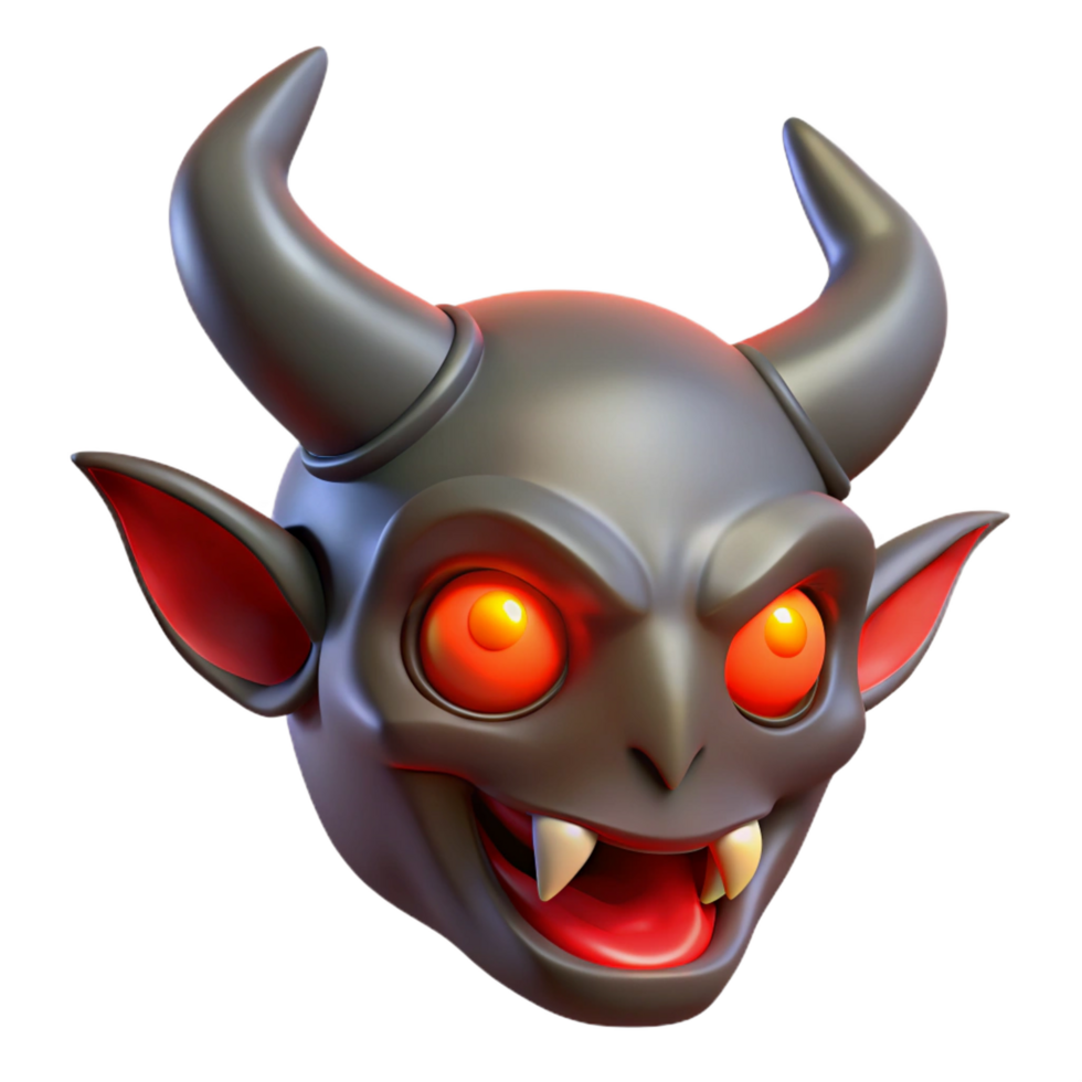 impressive modern A horned demon head with glowing red eyes, high resolution png