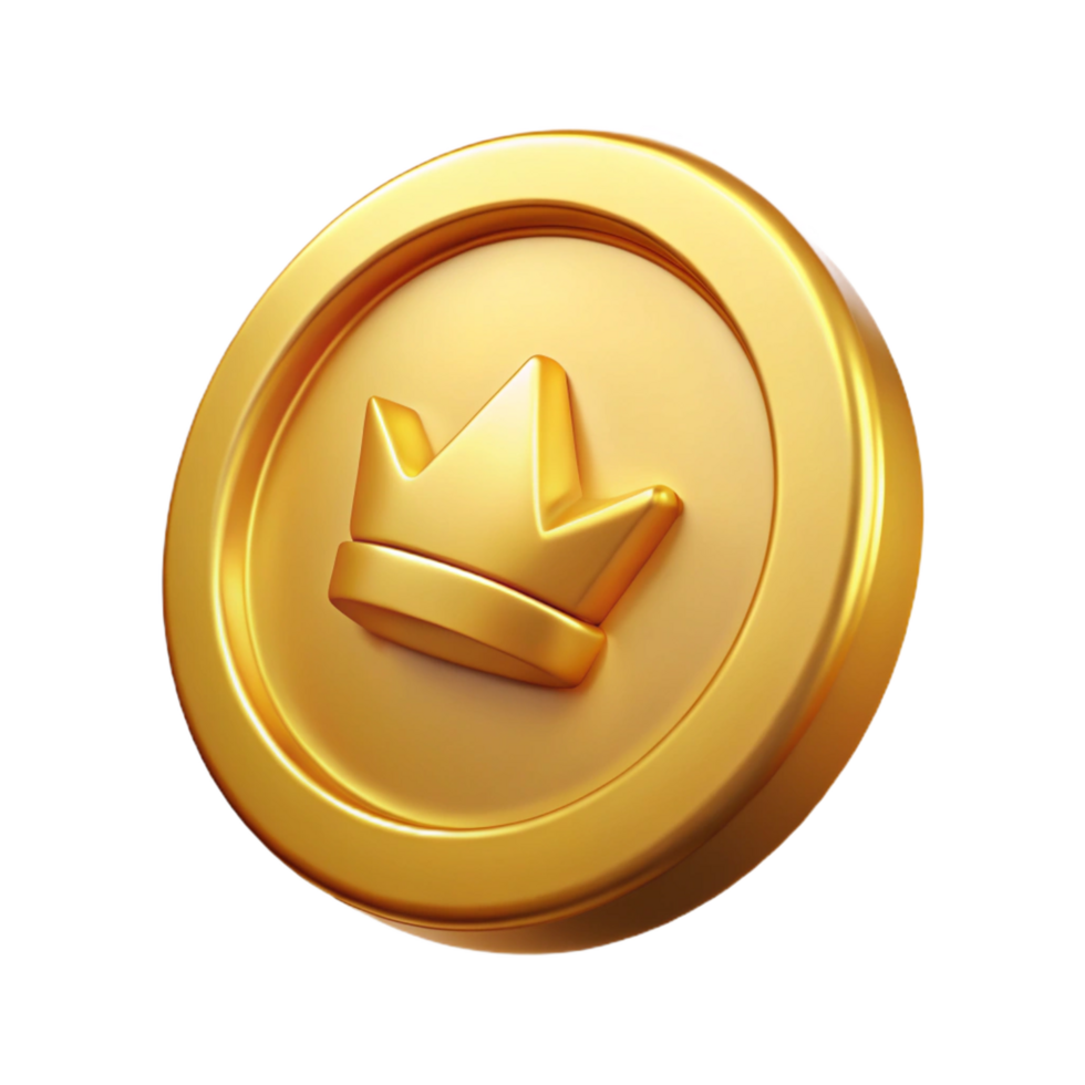dramatic contemporary A single, gleaming gold coin with a royal insignia, exclusive png