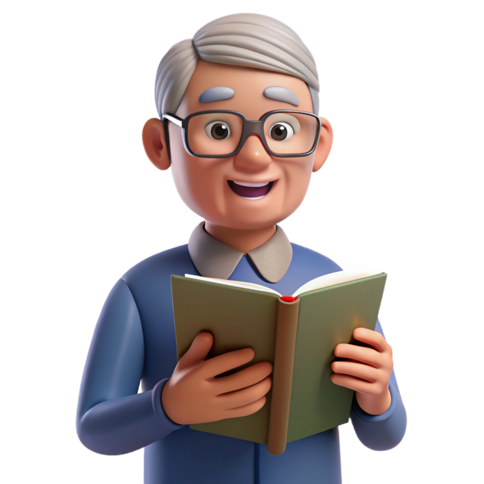 vibrant artistic Senior man with glasses reading a book, high resolution png