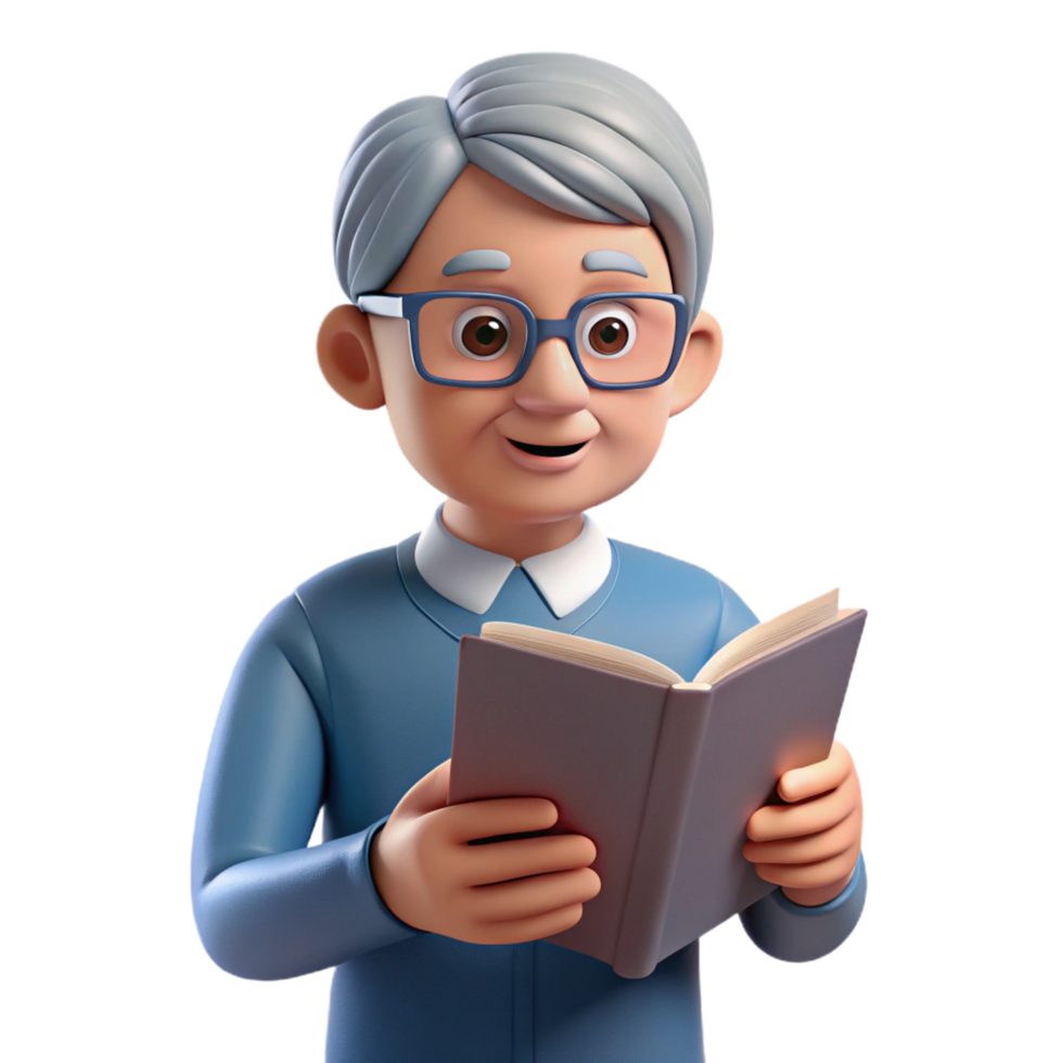 beautiful creative Senior man with glasses reading a book, high resolution png
