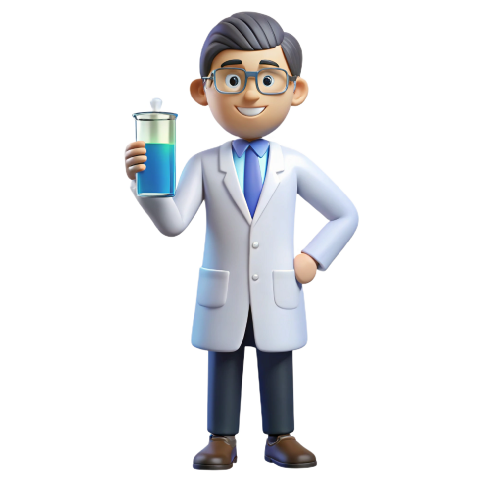 serene contemporary Scientist in lab coat holding beaker, authentic png