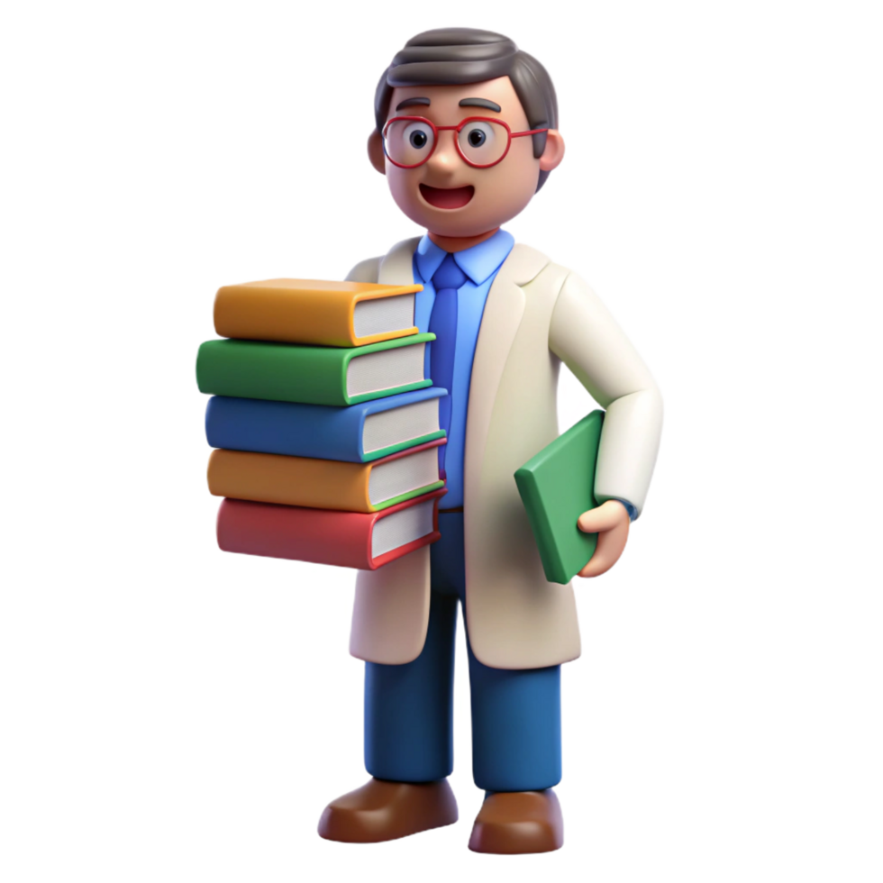 dramatic creative Professor with stack of books, premium png