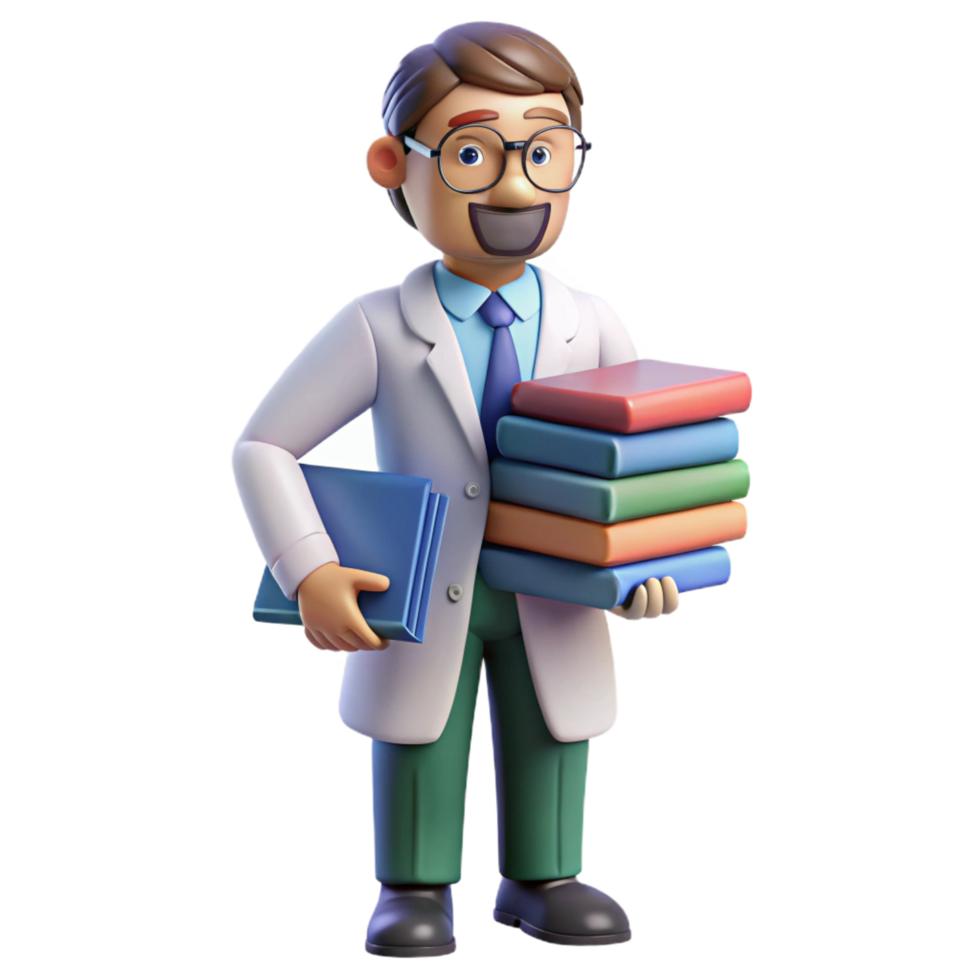 beautiful modern Professor with stack of books, authentic png