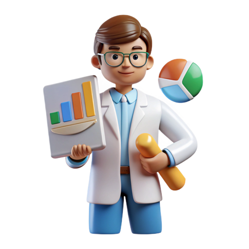 serene contemporary Data scientist with charts and graphs, authentic png