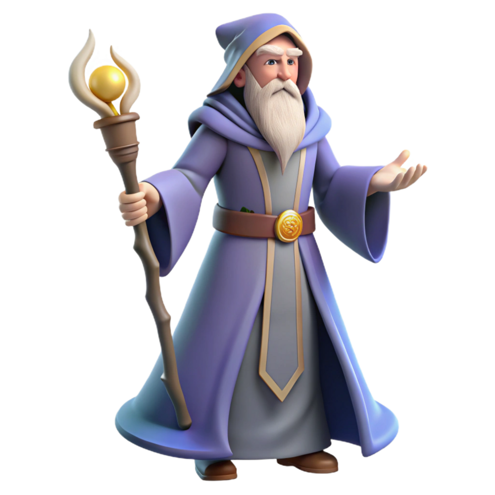 wonderful rustic A powerful wizard, staff in hand, flowing robes, exclusive png