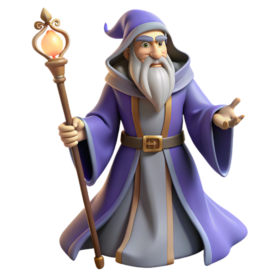 wonderful classic A powerful wizard, staff in hand, flowing robes, 4K png