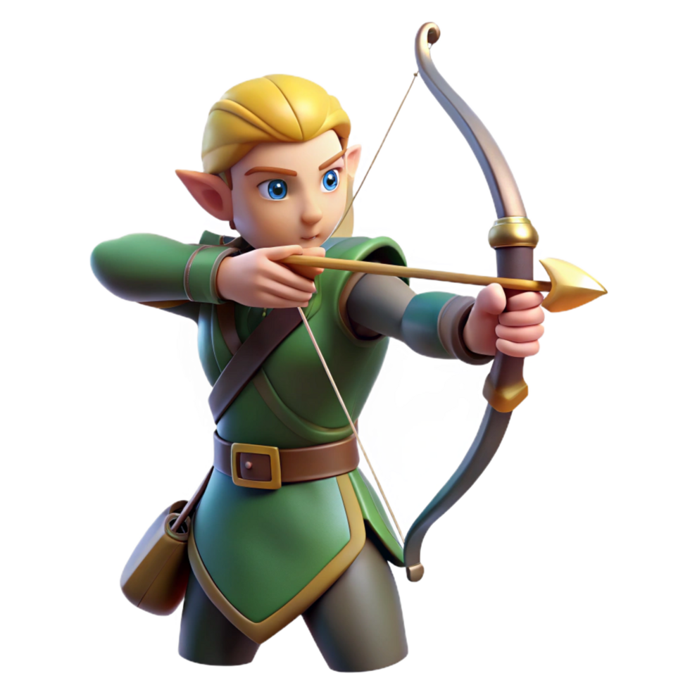 serene classic A graceful elf archer, aiming a bow and arrow, focused gaze, genuine png