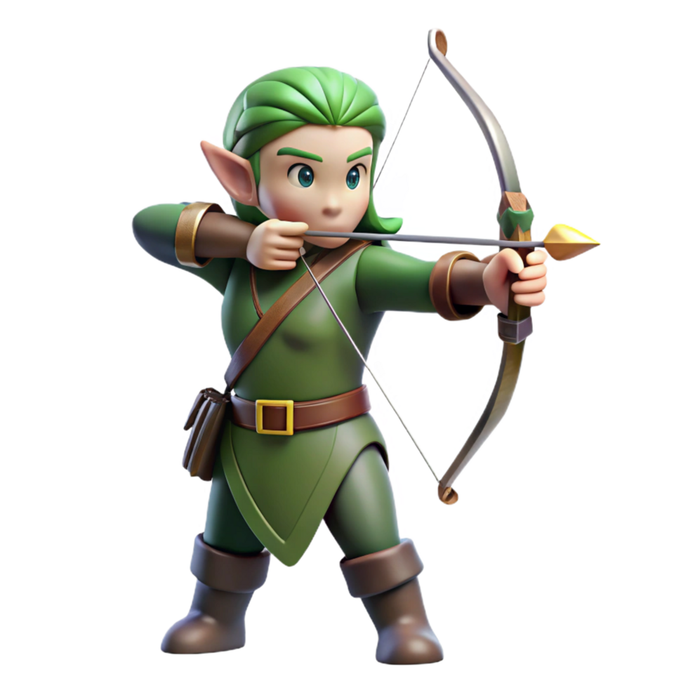 stunning rustic A graceful elf archer, aiming a bow and arrow, focused gaze, high quality png