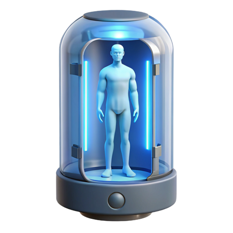 serene rustic Cryogenic stasis pod with human silhouette inside high quality png