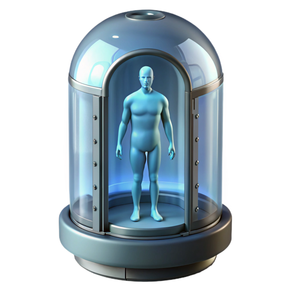 serene creative Cryogenic stasis pod with human silhouette inside professional png