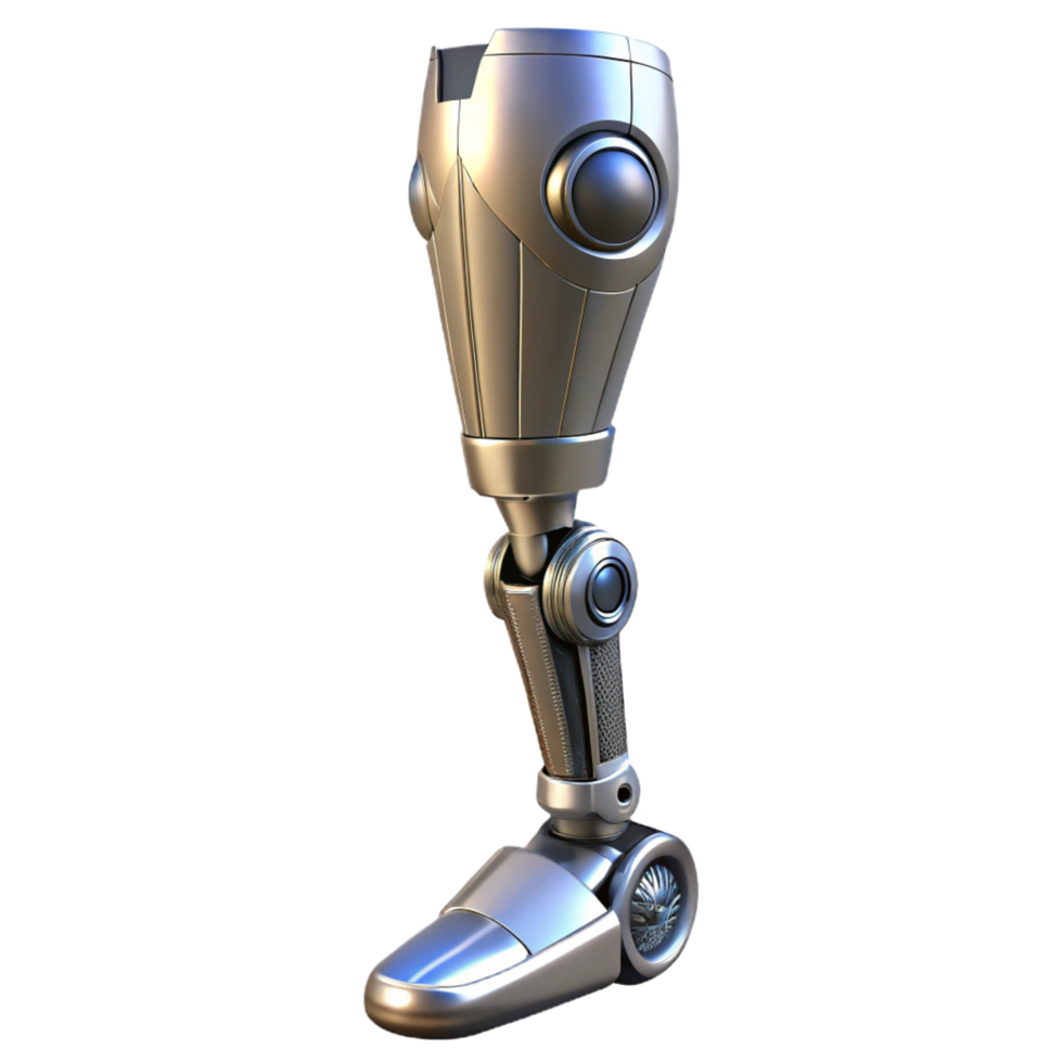 beautiful vintage Cyberpunk prosthetic leg with chrome accents, high quality png