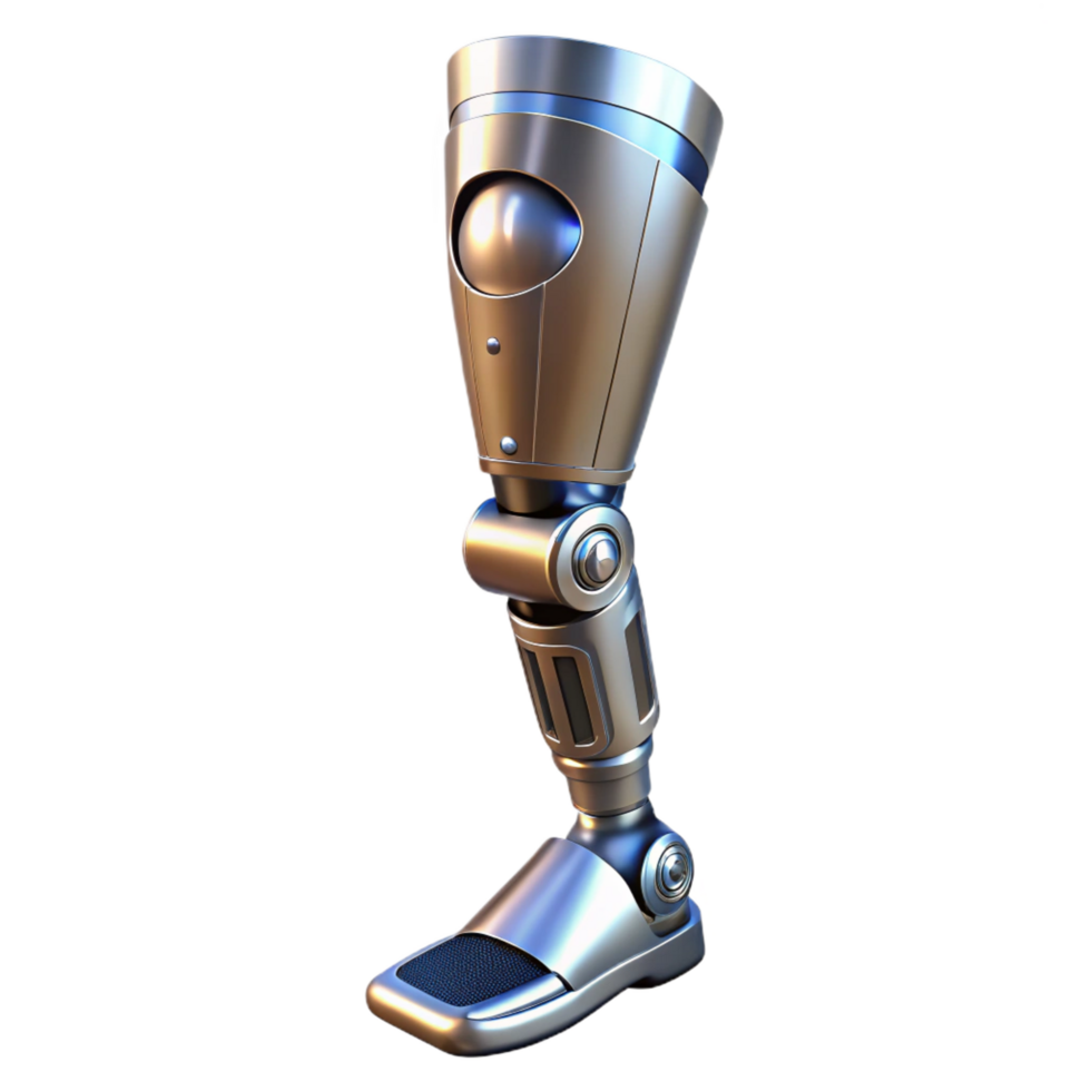 vibrant vintage Cyberpunk prosthetic leg with chrome accents, professional png