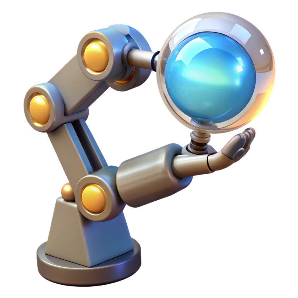 elegant rustic Robotic arm holding a glowing orb, professional png