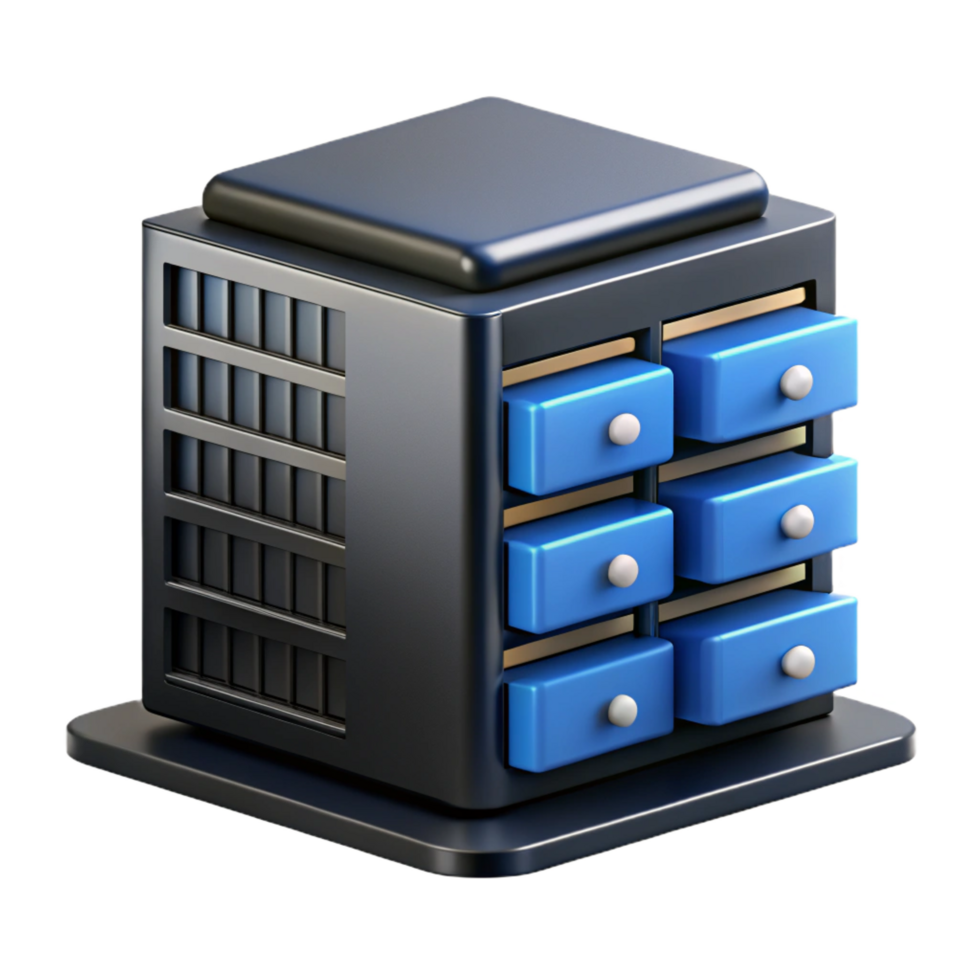 extraordinary classic A server rack, black and filled with components high resolution png