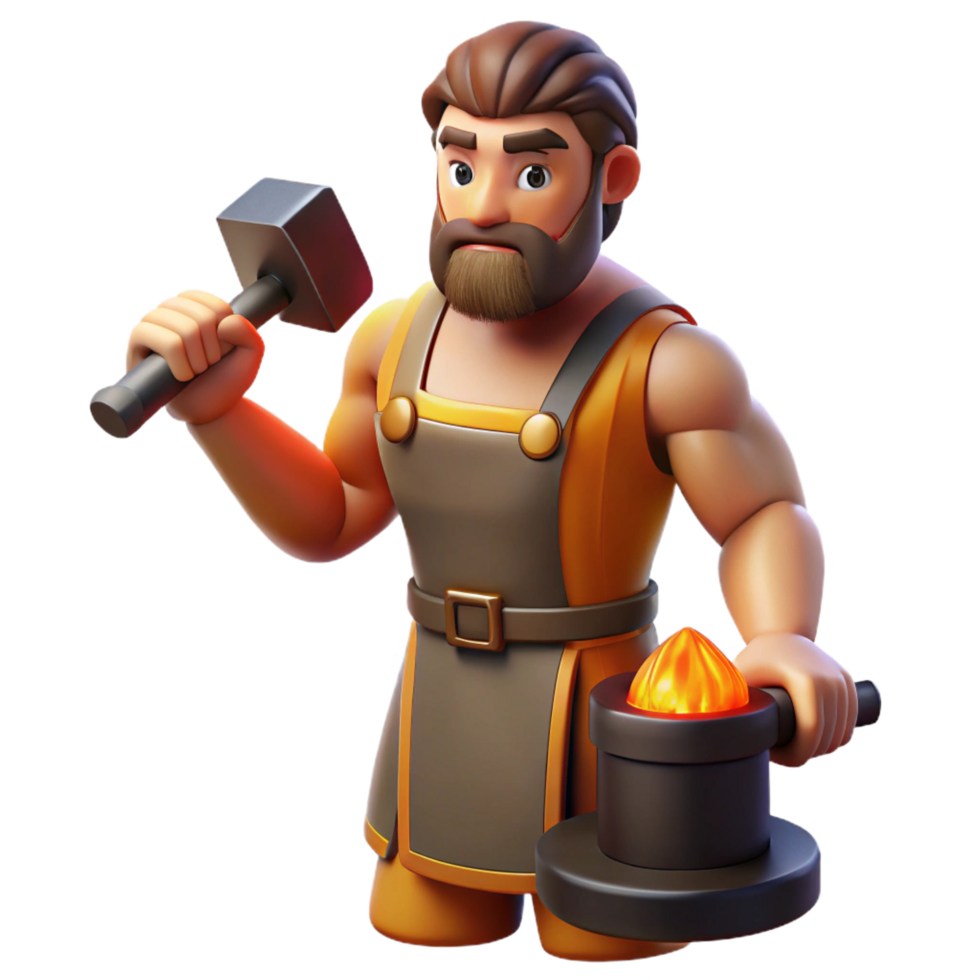 dramatic classic Hephaestus, Greek god of fire and forge, blacksmith's hammer, detailed png
