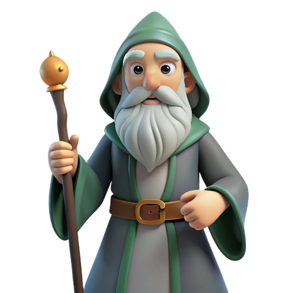 impressive contemporary A wise old wizard, with a long white beard, holding a staff authentic png