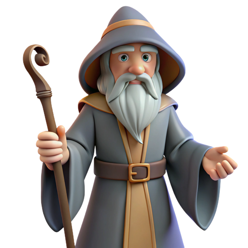 magnificent modern A wise old wizard, with a long white beard, holding a staff premium png