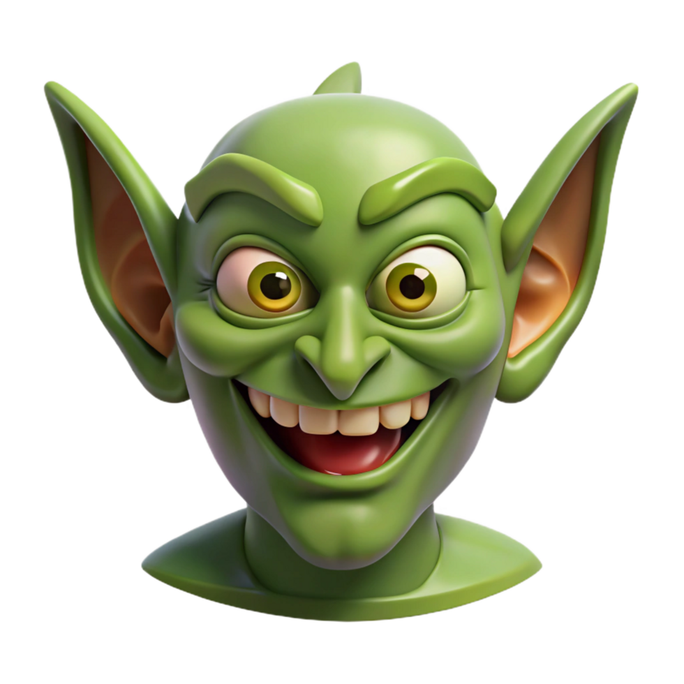 impressive contemporary A menacing goblin face, pointed ears, mischievous grin high resolution png