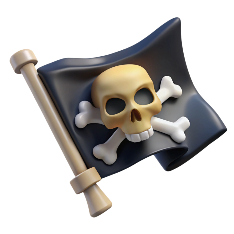 serene minimalist A stylized skull and crossbones pirate flag, tattered and torn high resolution png
