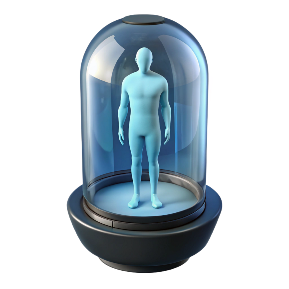 wonderful artistic Cryogenic pod, frosted glass, human silhouette inside 4K png