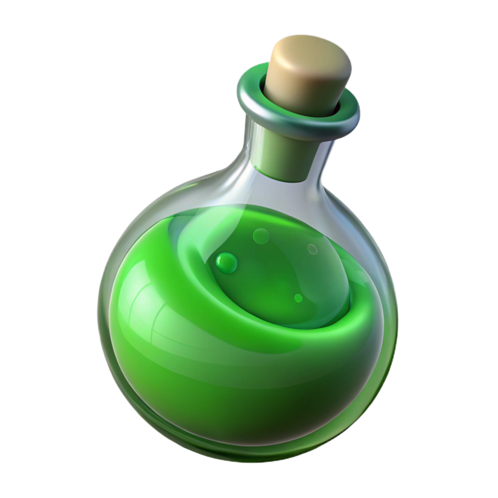 dramatic vintage A single potion bottle filled with swirling green liquid, professional png