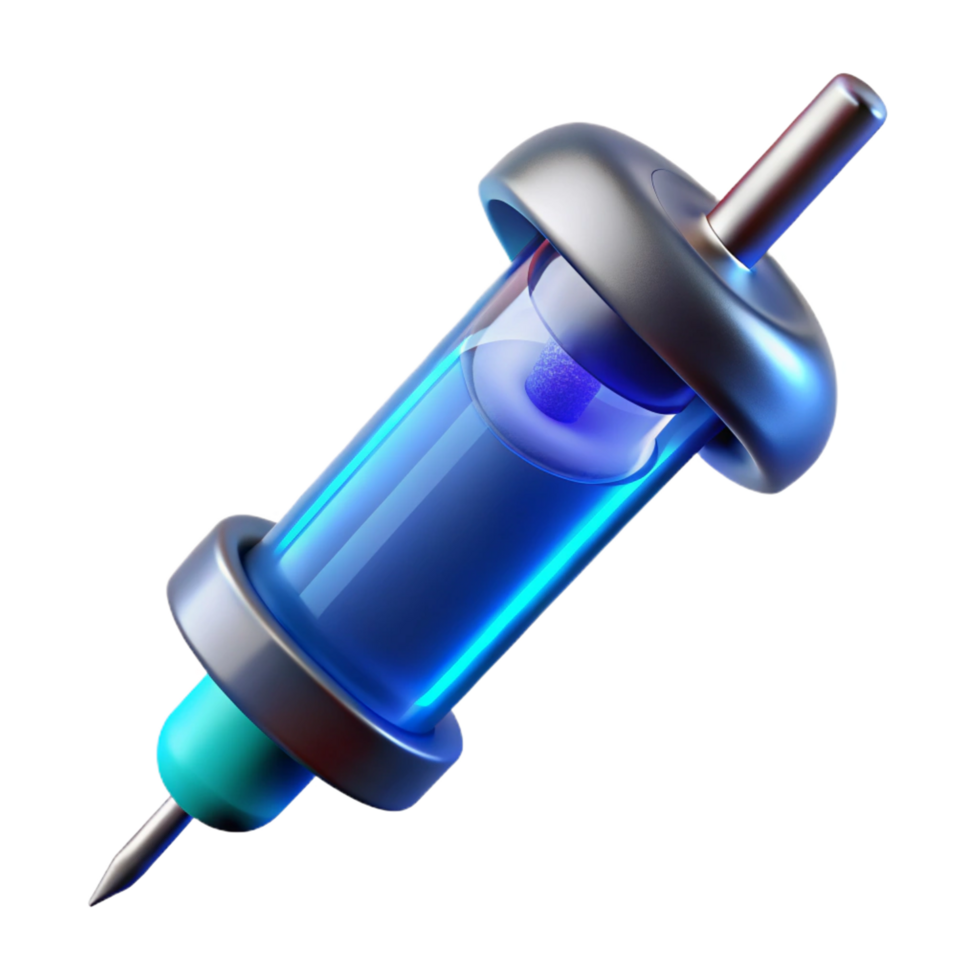 vibrant minimalist Futuristic medical syringe with glowing blue liquid and retractable needle professional png